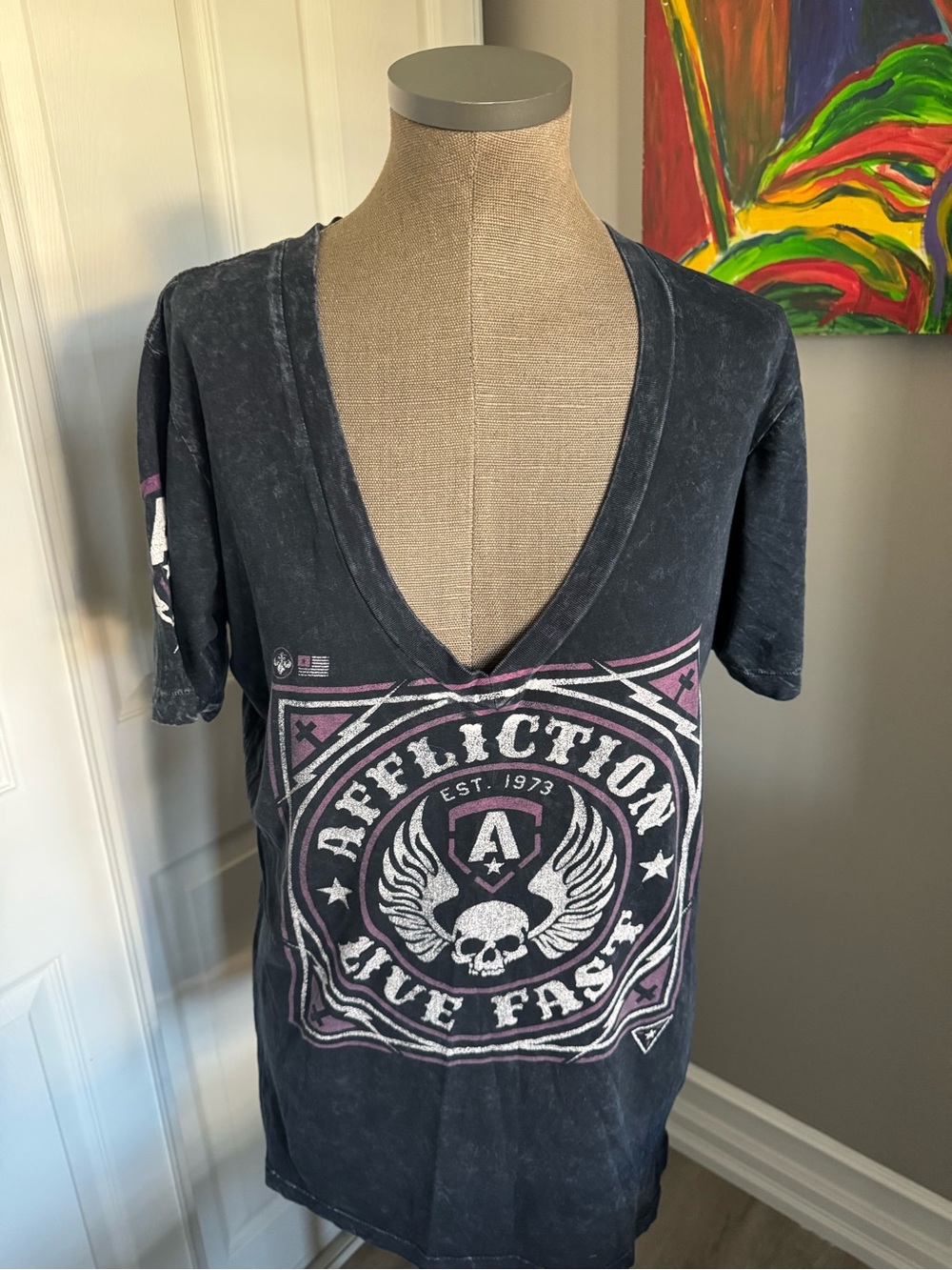 Affliction Black V-Neck Graphic Tee with White & Purple Print